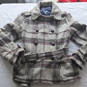 American Eagle Outfitters Gray Plaid Pea Coat